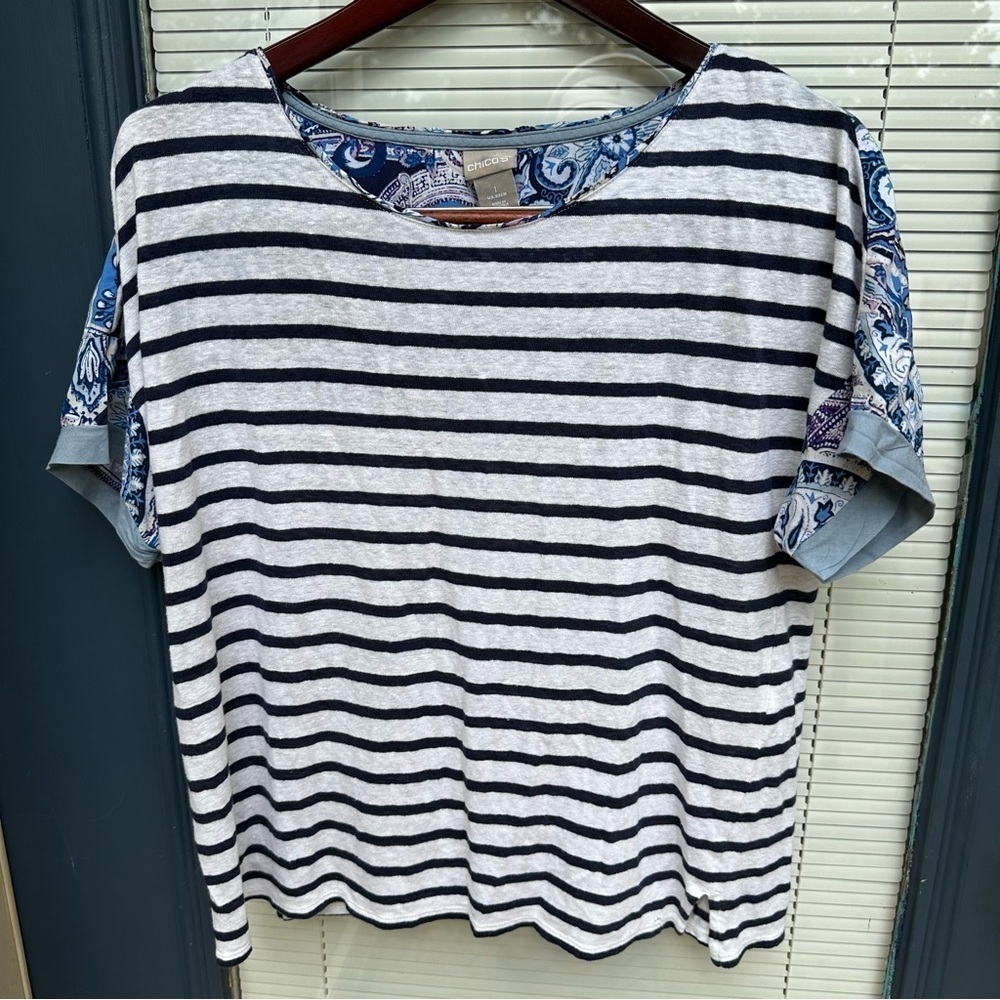 Chicos size 1 medium linen blend striped tunic short sleeve shirt blue white